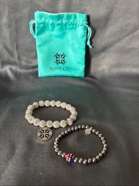 Rustic Cuff Turquoise Pouch with Silver Crystal & Hematite Beaded Bracelets